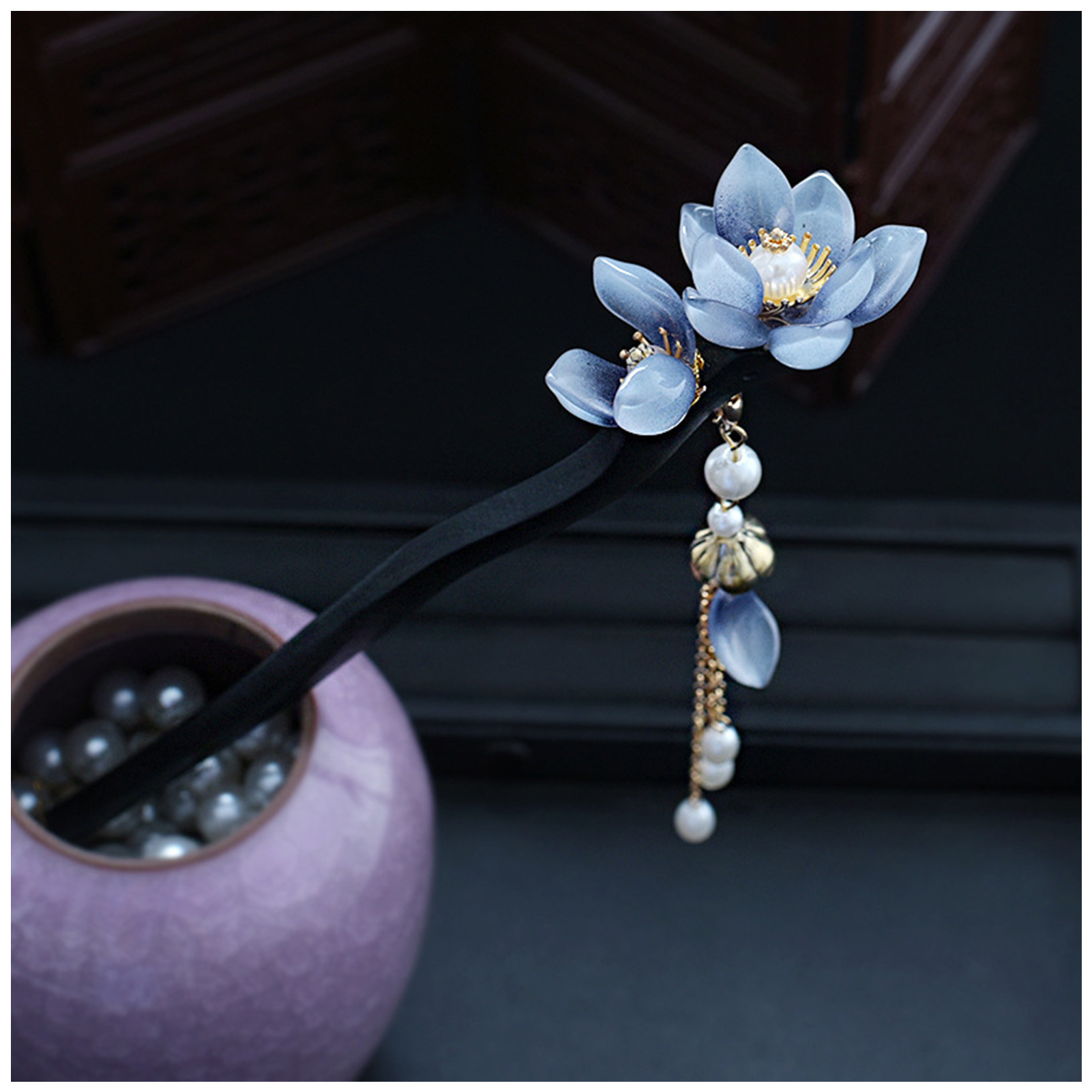 Pearl Hair Pin - Blue Flower Hair Stick Vintage Pearl