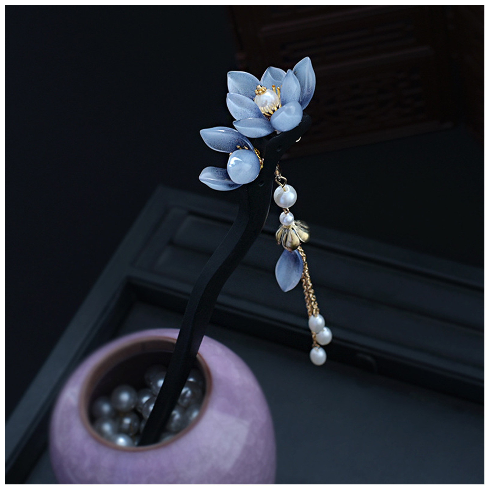 Blue Flower Hair Stick Vintage - đánh giá và giá Pearl Hair Pin